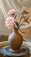 Handcrafted clay vase in progress on a potters wheel, highlighting raw artistry. Vertical Mobile Wallpaper photo