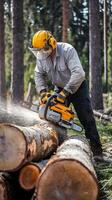 Lumberjack cuts through tree trunk in a forest with a yellow chainsaw, sunlit scene. Vertical Mobile Wallpaper photo