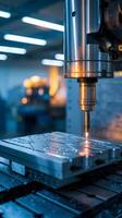 CNC milling machine cuts metal plate with detailed etchings in a factory setting. Vertical Mobile Wallpaper photo