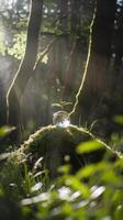 Forest scene with sunlight filtering through trees, showcasing a crystal ball with plant. Vertical Mobile Wallpaper photo