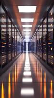 Sleek corridor with glowing metallic servers, drawing attention to exit at halls end. Vertical Mobile Wallpaper photo
