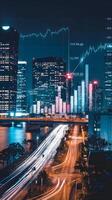 Vibrant cityscape at night with digital data visualizations indicating growth and progress. Vertical Mobile Wallpaper photo