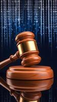 Wooden gavel on reflective surface, digital binary code backdrop, law and technology fusion. Vertical Mobile Wallpaper photo