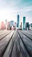 Wooden platform foreground with blurred urban skyline, sunlight emphasizing city vitality. Vertical Mobile Wallpaper photo