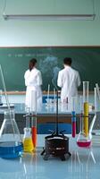 Lab Experiment Flasks, bunsen burner, and chalkboard hint at engaging science Vertical Mobile Wallpaper photo