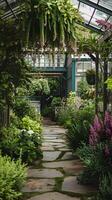 Stone pathway leads through lush garden greenery Vertical Mobile Wallpaper photo