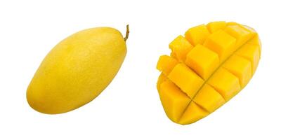 Ripe fresh yellow mango fruit isolated on white background. photo