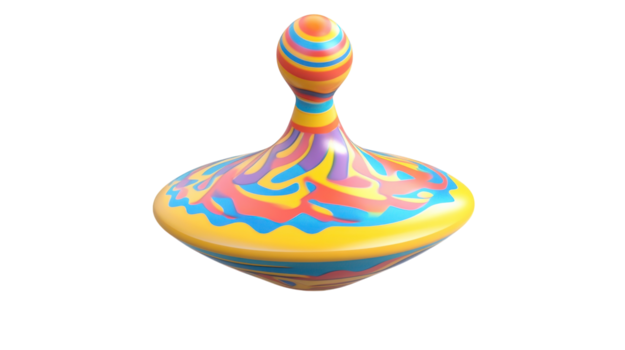 un vistoso hilado parte superior con vibrante patrones giratorio en contra un transparente fondo, exhibiendo juguetón movimiento y diseño creatividad. png