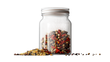A glass jar filled with a variety of colorful spices sits on a countertop, with some scattered around it, showcasing their vibrant textures and colors. png