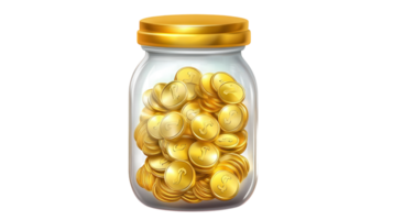 A jar filled with shiny gold coins reflecting light, placed on a neutral backdrop to emphasize the gleaming surfaces and details. png