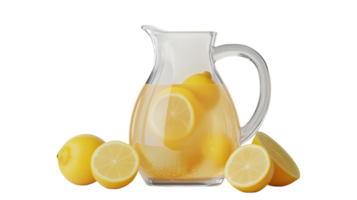 Refreshing lemon pitcher filled with sliced lemons and fresh juice on a light background for a sunny day picnic or gathering. png