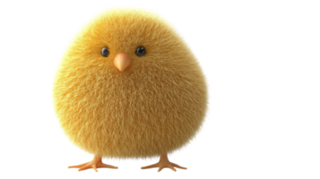 Cute, fluffy yellow chick standing on a transparent background, showcasing its round shape and bright features in a playful pose. png