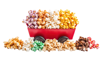 Colorful assortment of gourmet popcorn varieties in a red cart on a white background. png