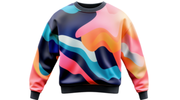 Colorful abstract sweatshirt with unique design displayed on a transparent background in a studio setting. png