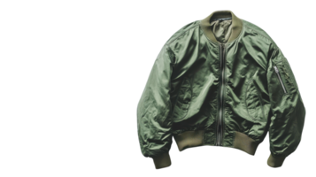 Stylish green bomber jacket displayed on a transparent background, showcasing its design and texture details for fashion enthusiasts. png