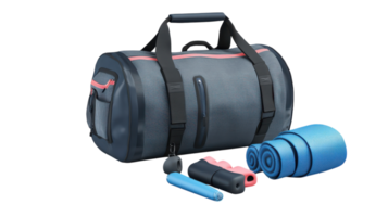 A versatile gym bag with yoga mats and fitness gear on a transparent background suitable for various activities. png