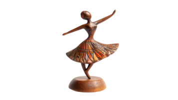 Wooden sculpture of a dancer elegantly performing on a wooden base with intricate colorful patterns. png