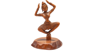 Intricate wooden sculpture of a dancer in an elegant pose showcasing craftsmanship and artistry from a cultural perspective. png