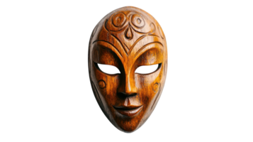 Intricately carved wooden mask with ornate designs displayed against a transparent background, showcasing craftsmanship and cultural significance. png