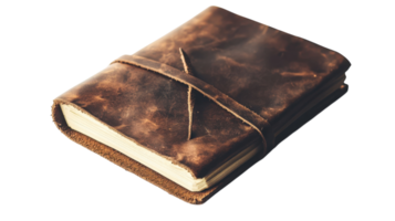 A worn leather journal resting on a surface, showcasing its texture and bindings, perfect for writing reflections or stories. png