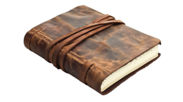 A beautifully crafted leather-bound journal resting on a neutral background with elegant stitching and a delicate strap for closure. png