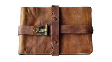 Leather bound journal with metal clasp resting on a plain background, showcasing rustic craftsmanship and vintage design features. png