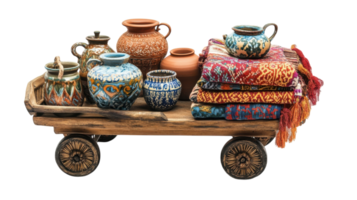 Decorative cart filled with colorful pottery and textiles showcased in a vibrant display. png