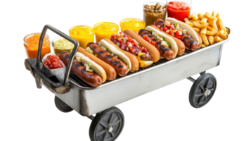 A Vibrant Hotdog Cart Featuring a Selection of Condiments Alongside a Welcoming Warm Grill Perfect for Street Food Enthusiasts. png