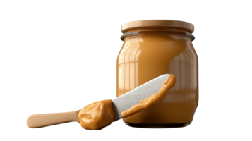 A jar of creamy peanut butter with a knife resting inside, perfect for showcasing delicious spreads or kitchen essentials, ideal for food blogs and cooking demonstrations.. png
