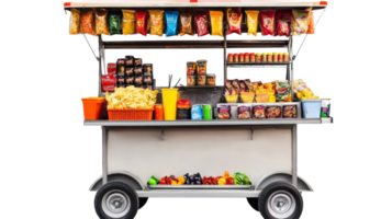 A Colorful Mobile Snack Cart Filled with Chips and Candy Bars Perfect for Outdoor Events and Gatherings. png