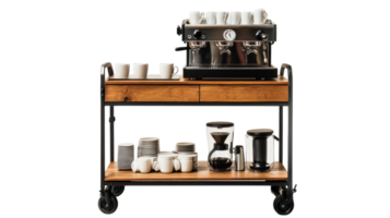 A Sleek and Functional Modern Coffee Cart Showcasing an Espresso Machine Perfect for Transportation and Quick Service in Any Coffee Environment. png