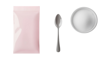 A Packet of Sugar and a Spoon on a White Background for Culinary and Beverage Purposes Including Coffee or Tea Preparation. png