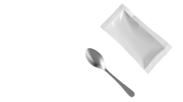 A Simple Yet Essential Image of a Packet of Sugar Alongside a Spoon on a White Background Perfect for Culinary and Kitchen-related Projects or Blogs. png