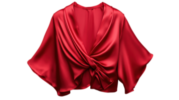 Elegant Red Silk Blouse with a Timeless Wrap Around Design Perfect for Formal Events and Stylish Outings. png