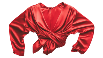 Elegant Red Silk Blouse with a Stylish Wrap Around Design Perfect for Various Formal and Casual Occasions. png