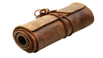 An Elegant Perspective of a Rolled Up Leather Scroll Tied with a Leather Strap, Perfect for Vintage Themed Projects, Historical Documentations, or Artistic Presentations.. png