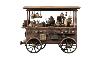A rustic wooden cart selling antique items, showcasing a charming blend of nostalgia and craftsmanship, perfect for vintage-themed projects and marketing campaigns.. png