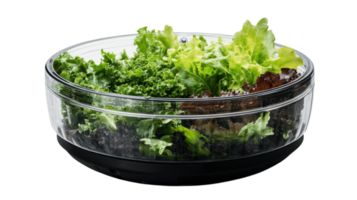 A Handheld Salad Spinner with Fresh Leafy Greens for Quick and Easy Washing and Drying of Vegetables for Crisp Salads at Home. png