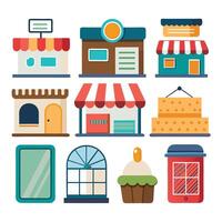 various types of buildings and stores on a white background vector