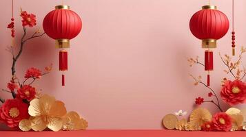 A harmonious arrangement of Chinese New Year icons such as lanterns, coins, and flowers, depicted in soft red and gold on a neutral background with space for text. photo