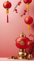 An abstract layout showcasing Chinese New Year motifs like lanterns, coins, and flowers, in soft red and gold, with a clean backdrop and room for text. photo