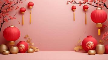 An artistic blend of Chinese New Year symbols, such as lanterns, coins, and flowers, in muted red and gold, set on a simple background with space for text. photo