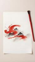 A red ink Chinese calligraphy brush, placed on a light, neutral background, waiting to write festive wishes with space for extra text. photo