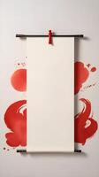 A red ink Chinese calligraphy brush, ready to write festive wishes, rests on a subtle, neutral background with space for additional text. photo