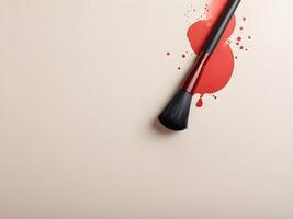 A Chinese calligraphy brush filled with red ink, positioned on a neutral light background, with space available for extra text. photo