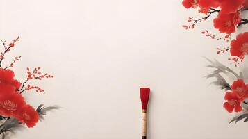 A calligraphy brush with red ink, ready for writing festive wishes, placed on a light and neutral background with room for additional text. photo