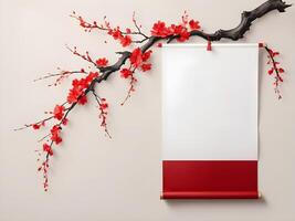 A Chinese calligraphy brush with red ink is poised for festive writing, set against a light, neutral background with ample room for text. photo
