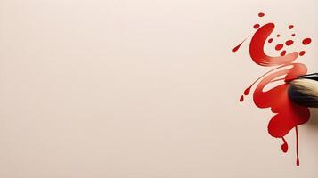 A red inked Chinese calligraphy brush, poised to write festive messages, sits on a soft, neutral-toned background, leaving space for extra text. photo