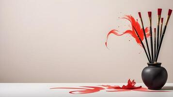 a Chinese calligraphy brush with red ink, ready to write festive wishes, placed against a light, neutral background with space for additional text. photo