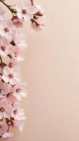 Soft pink cherry blossoms form a simple and elegant pattern on beige, with ample space for text. photo